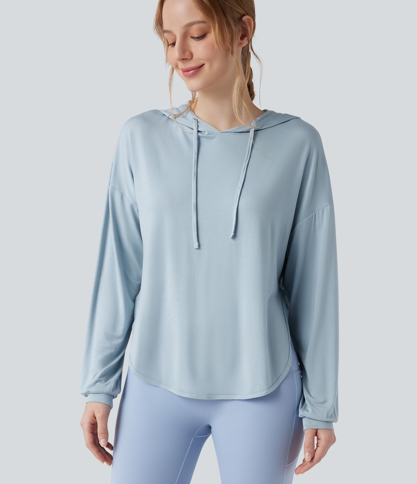 Hooded Drawstring Long Sleeve Cut Out Curved Hem Workout Sports Top