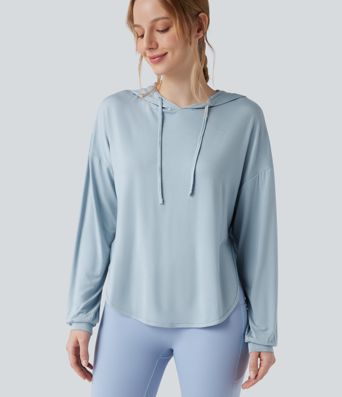 Hooded Drawstring Long Sleeve Cut Out Curved Hem Workout Sports Top