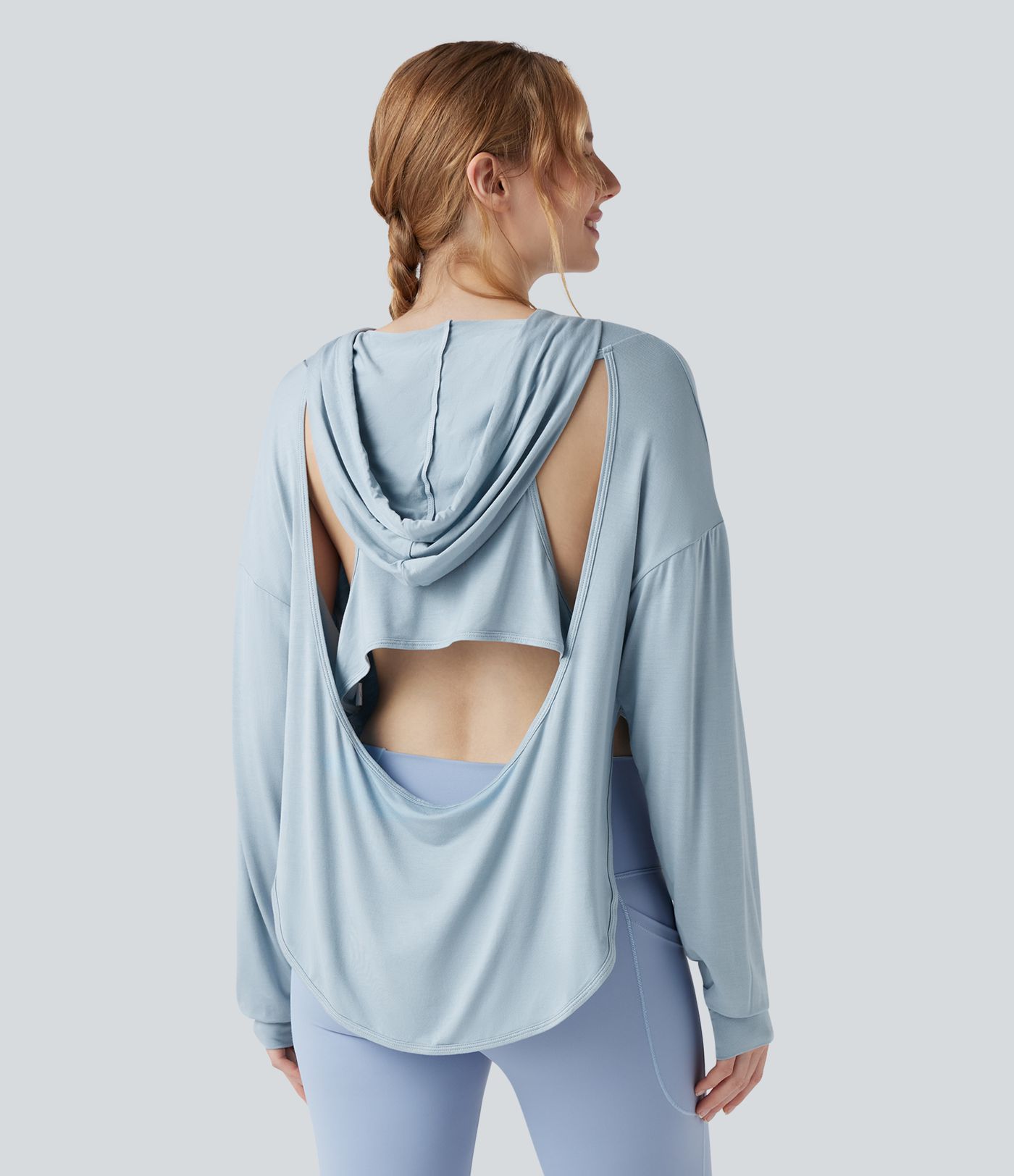 Hooded Drawstring Long Sleeve Cut Out Curved Hem Workout Sports Top