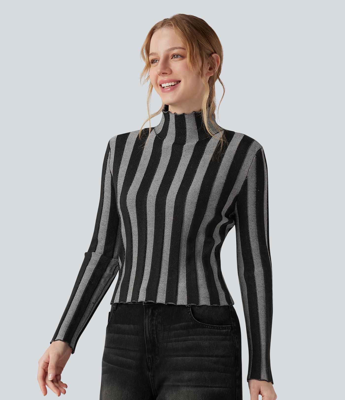High-neck Long Sleeve Lettuce Trim Stripes Casual Jumper