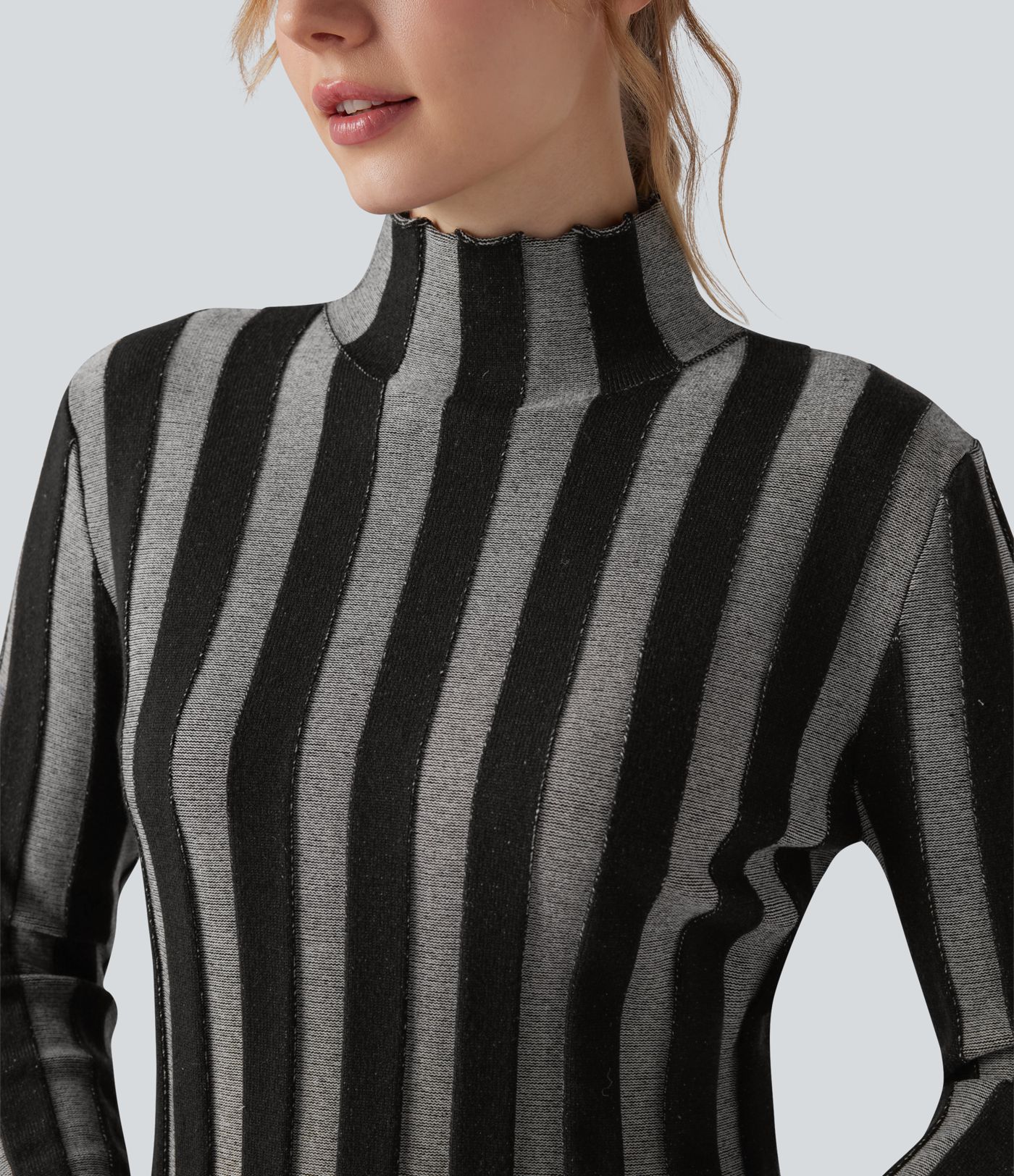 High-neck Long Sleeve Lettuce Trim Stripes Casual Jumper