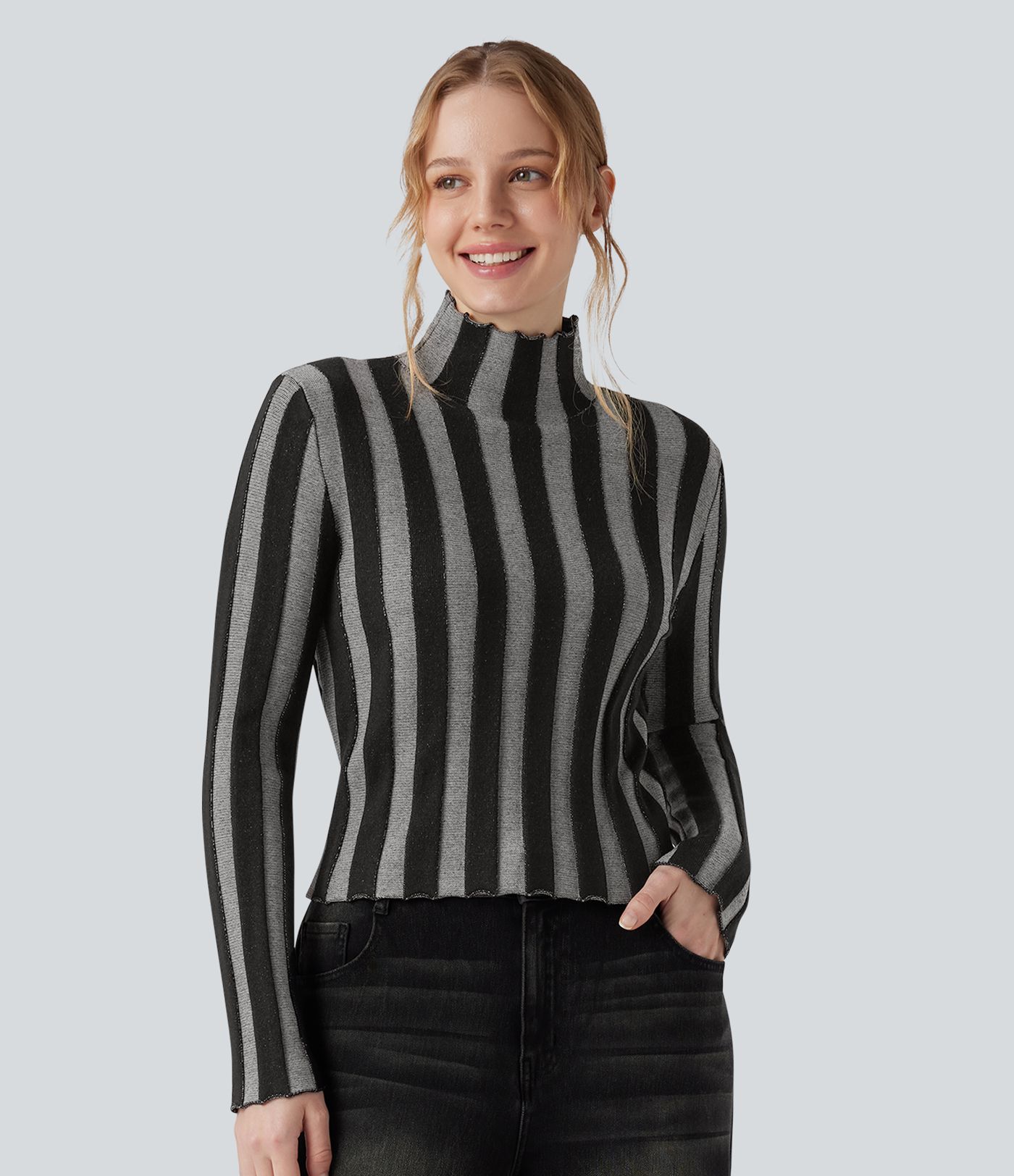 High-neck Long Sleeve Lettuce Trim Stripes Casual Jumper
