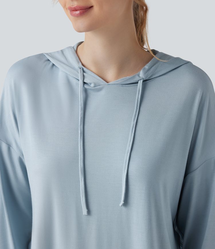 Hooded Drawstring Long Sleeve Cut Out Curved Hem Workout Sports Top