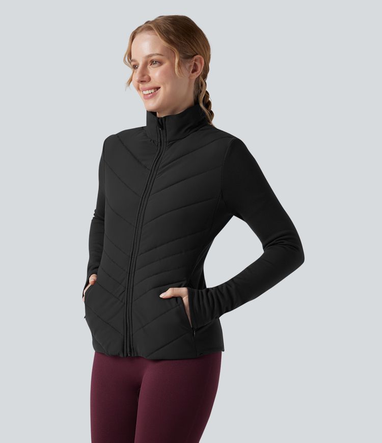 Gepolsterte, langärmlige Laufjacke mit Stehkragen, Reißverschluss und Taschen