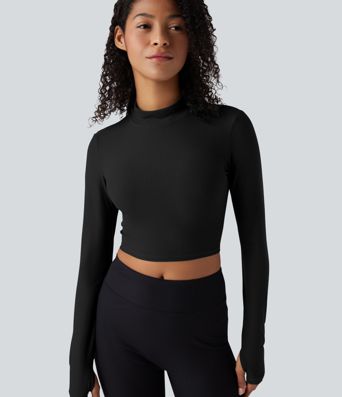 Mock Neck Long Sleeve Thumb Hole Cropped Yoga Sports Top