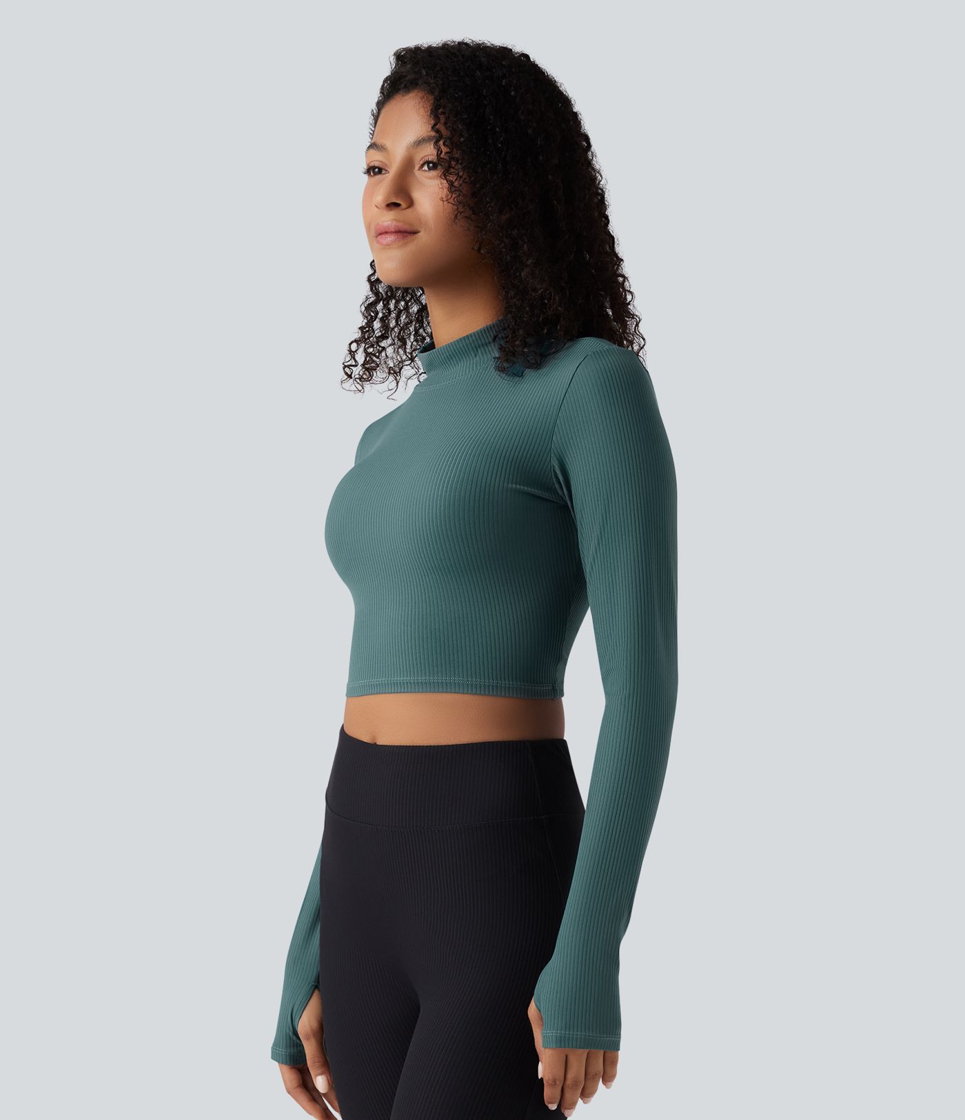 Mock Neck Long Sleeve Thumb Hole Cropped Yoga Sports Top