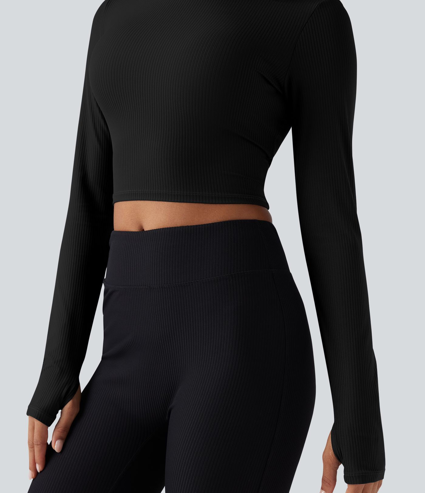 Mock Neck Long Sleeve Thumb Hole Cropped Yoga Sports Top