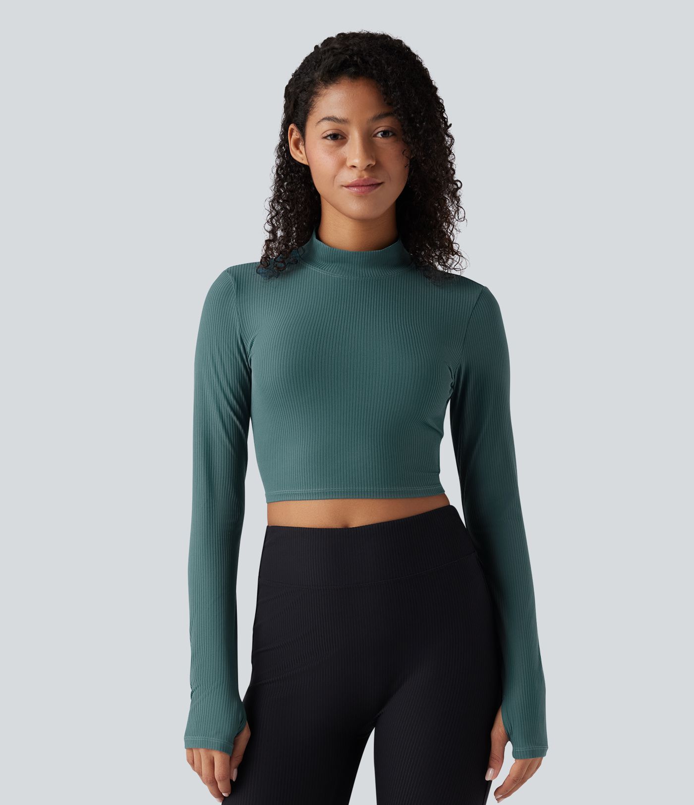Mock Neck Long Sleeve Thumb Hole Cropped Yoga Sports Top