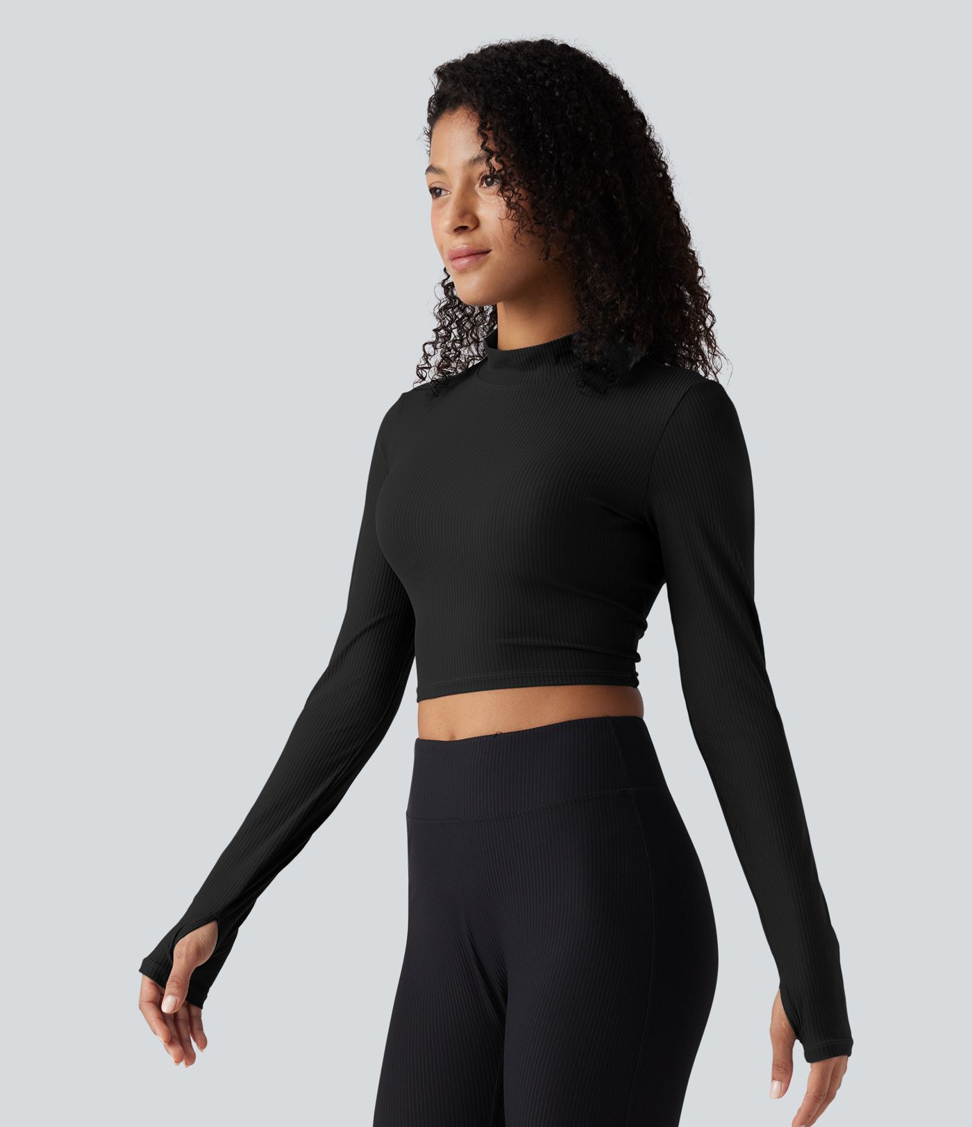 Mock Neck Long Sleeve Thumb Hole Cropped Yoga Sports Top