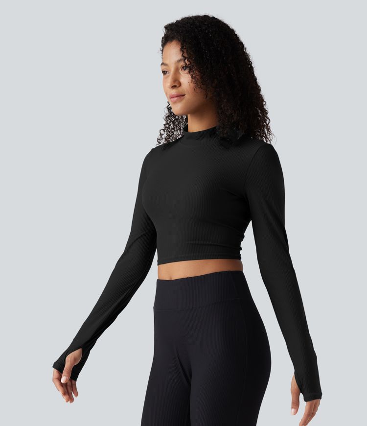Mock Neck Long Sleeve Thumb Hole Cropped Yoga Sports Top