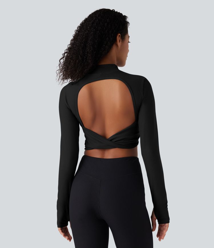 Mock Neck Long Sleeve Thumb Hole Cropped Yoga Sports Top