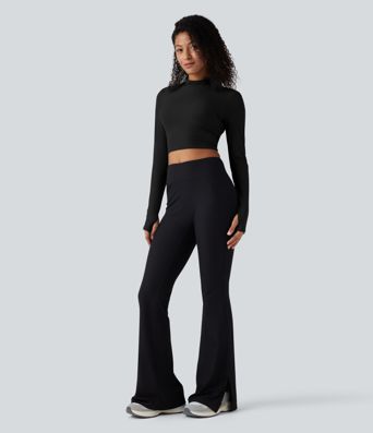 Mock Neck Long Sleeve Thumb Hole Cropped Yoga Sports Top