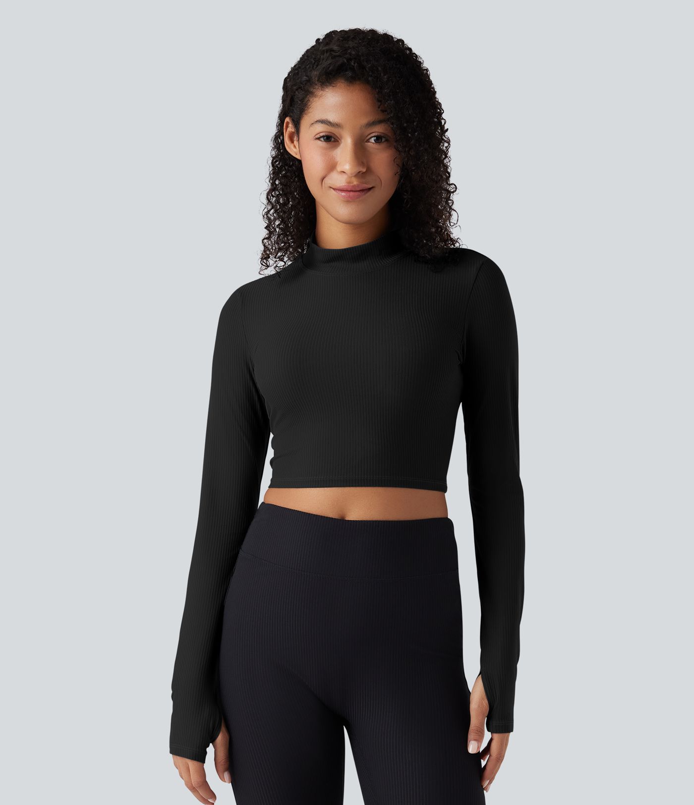 Mock Neck Long Sleeve Thumb Hole Cropped Yoga Sports Top