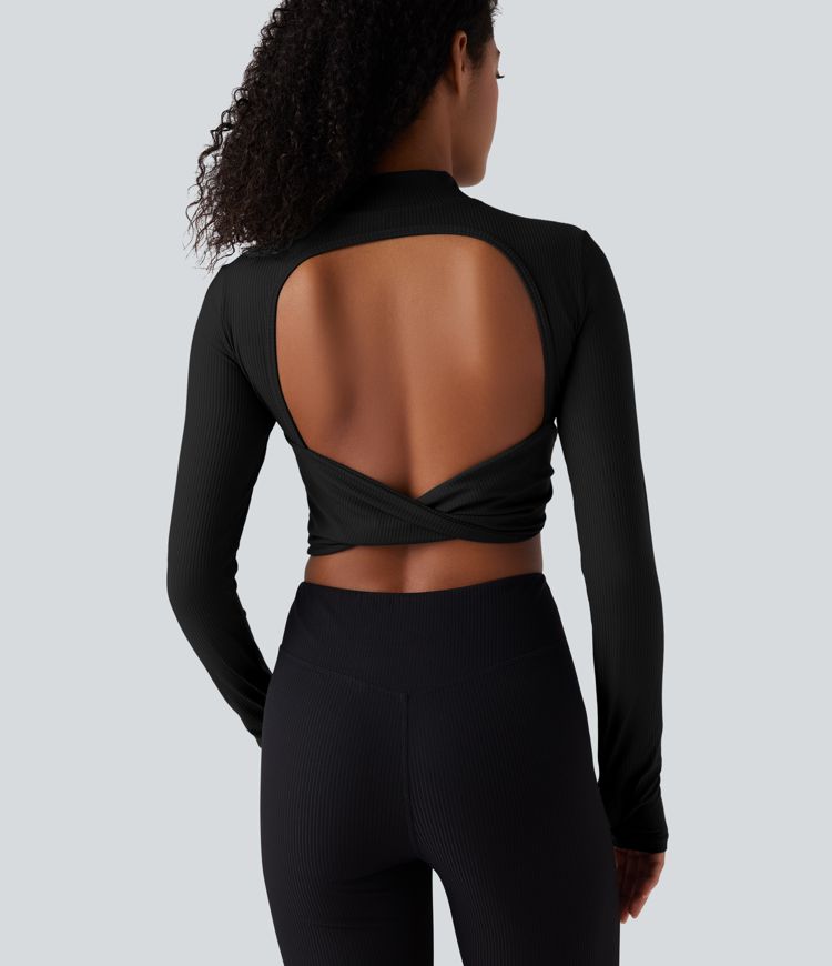 Mock Neck Long Sleeve Thumb Hole Cropped Yoga Sports Top