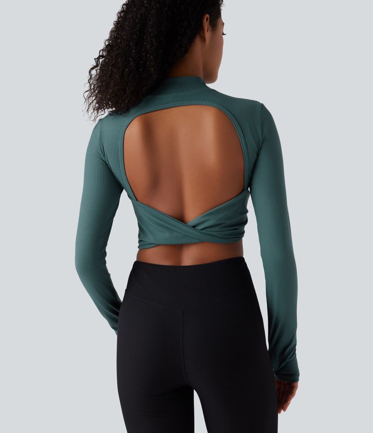 Mock Neck Long Sleeve Thumb Hole Cropped Yoga Sports Top