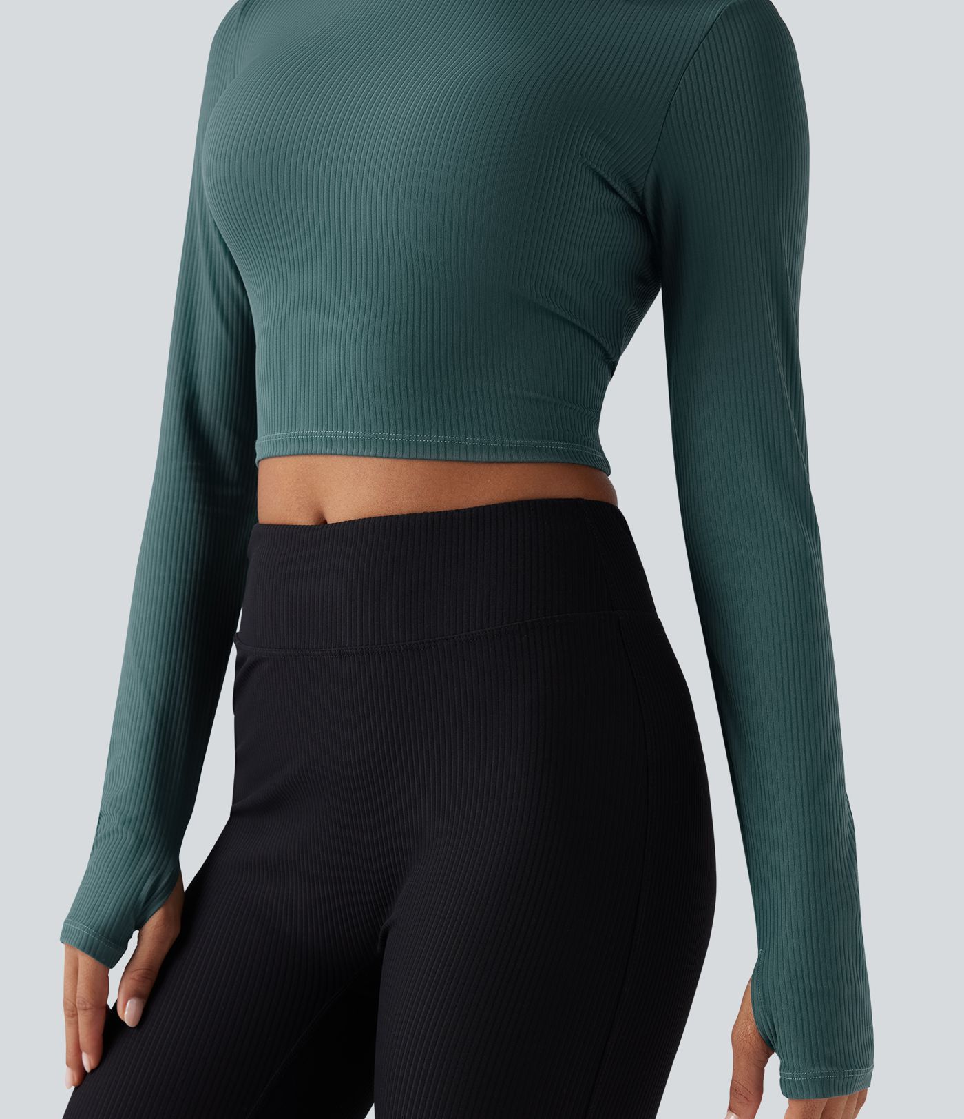 Mock Neck Long Sleeve Thumb Hole Cropped Yoga Sports Top