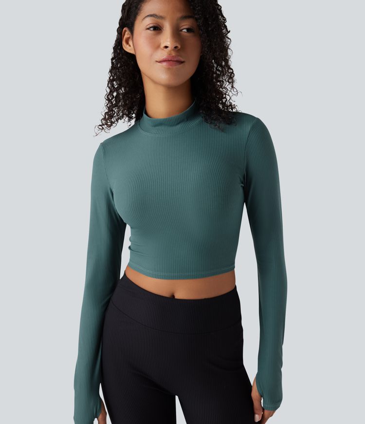 Mock Neck Long Sleeve Thumb Hole Cropped Yoga Sports Top