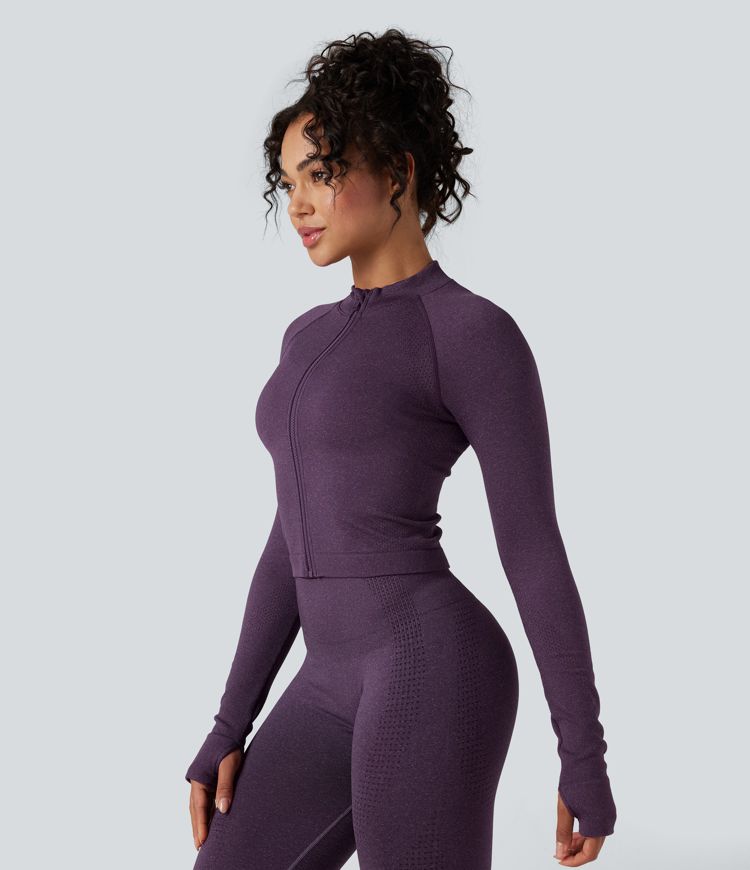 Seamless Flow Stand Collar Long Sleeve Thumb Holes Slim Cropped Yoga Jacket