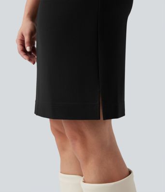 Robe de travail col V zippée à manches courtes avec fentes en Ponte Roma résistante avec poches