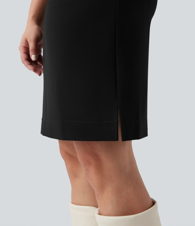 Robe de travail col V zippée à manches courtes avec fentes en Ponte Roma résistante avec poches