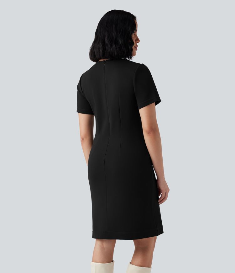 Robe de travail col V zippée à manches courtes avec fentes en Ponte Roma résistante avec poches