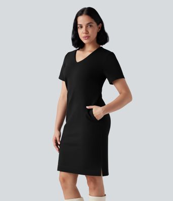 Robe de travail col V zippée à manches courtes avec fentes en Ponte Roma résistante avec poches
