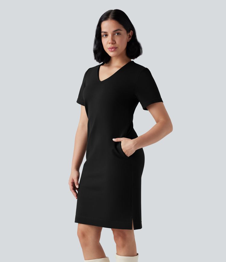 Robe de travail col V zippée à manches courtes avec fentes en Ponte Roma résistante avec poches