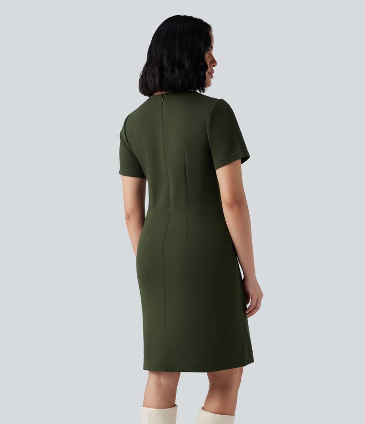 Wear-Resistant V-neck Zipper Short Sleeve Split Hem Ponte Roma Work Dress with Pockets