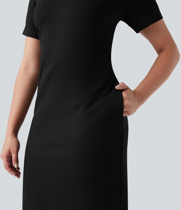 Robe de travail col V zippée à manches courtes avec fentes en Ponte Roma résistante avec poches