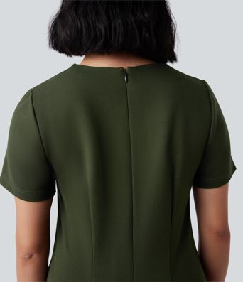 Robe de travail col V zippée à manches courtes avec fentes en Ponte Roma résistante avec poches