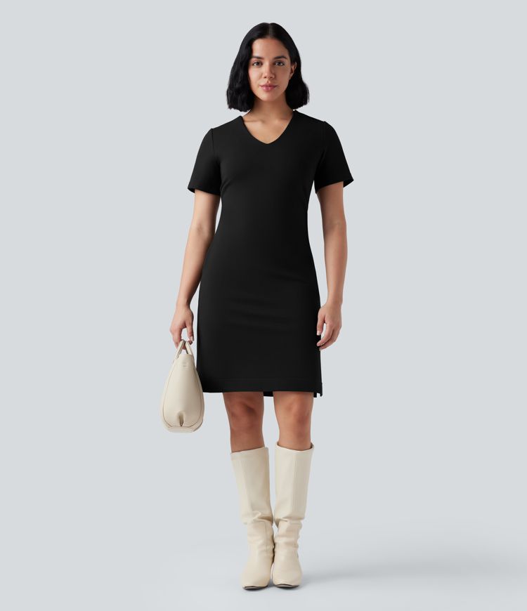 Robe de travail col V zippée à manches courtes avec fentes en Ponte Roma résistante avec poches