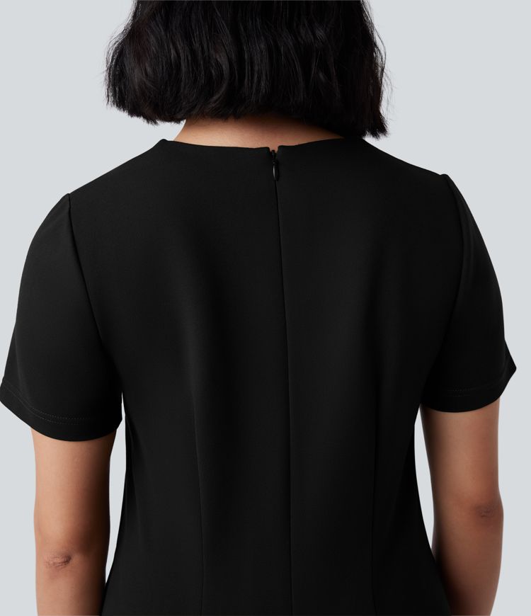Robe de travail col V zippée à manches courtes avec fentes en Ponte Roma résistante avec poches