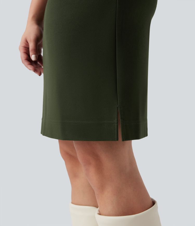 Wear-Resistant V-neck Zipper Short Sleeve Split Hem Ponte Roma Work Dress with Pockets