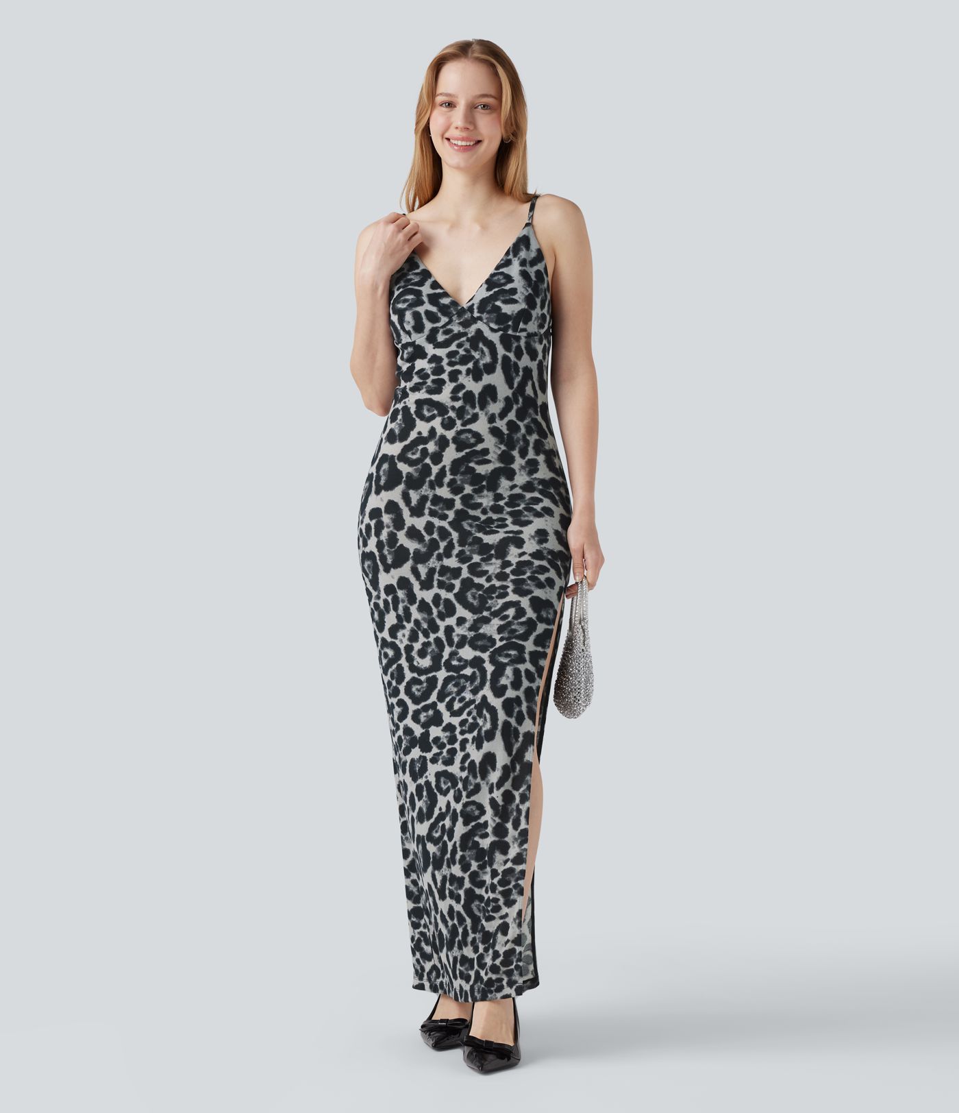 Robe nuisette de soirée maxi col V avec fente imprimé léopard