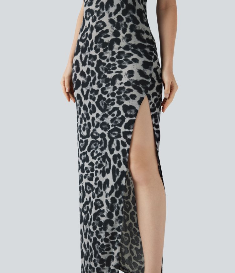 Robe nuisette de soirée maxi col V avec fente imprimé léopard