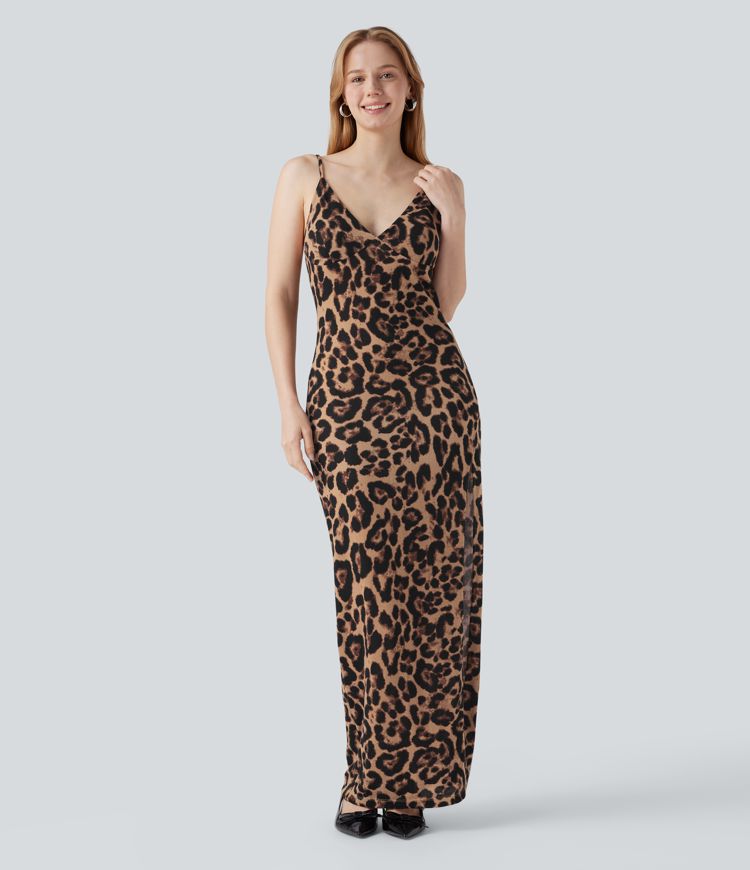 V-neck Split Leopard Print Maxi Party Slip Dress
