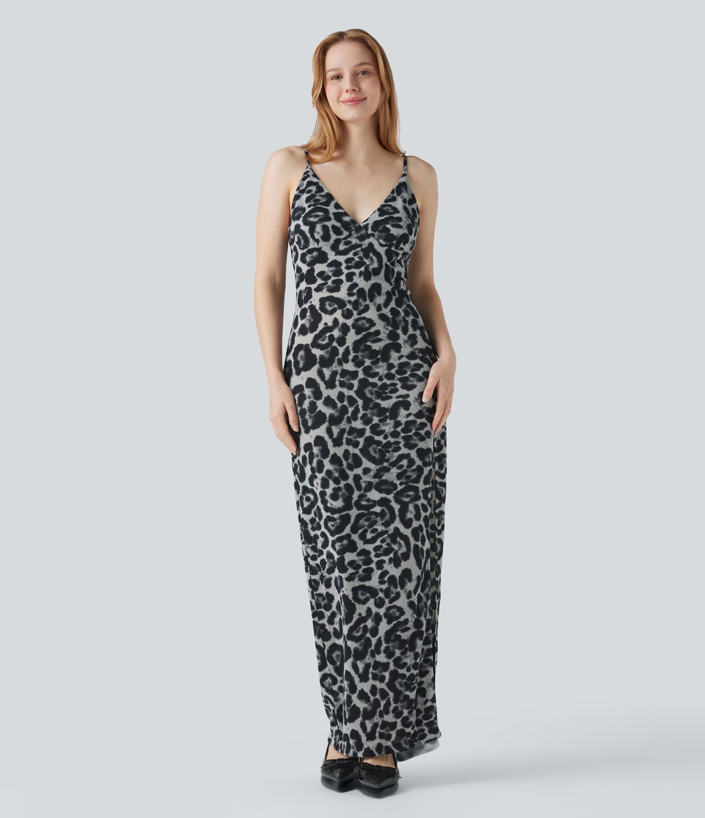 Robe nuisette de soirée maxi col V avec fente imprimé léopard