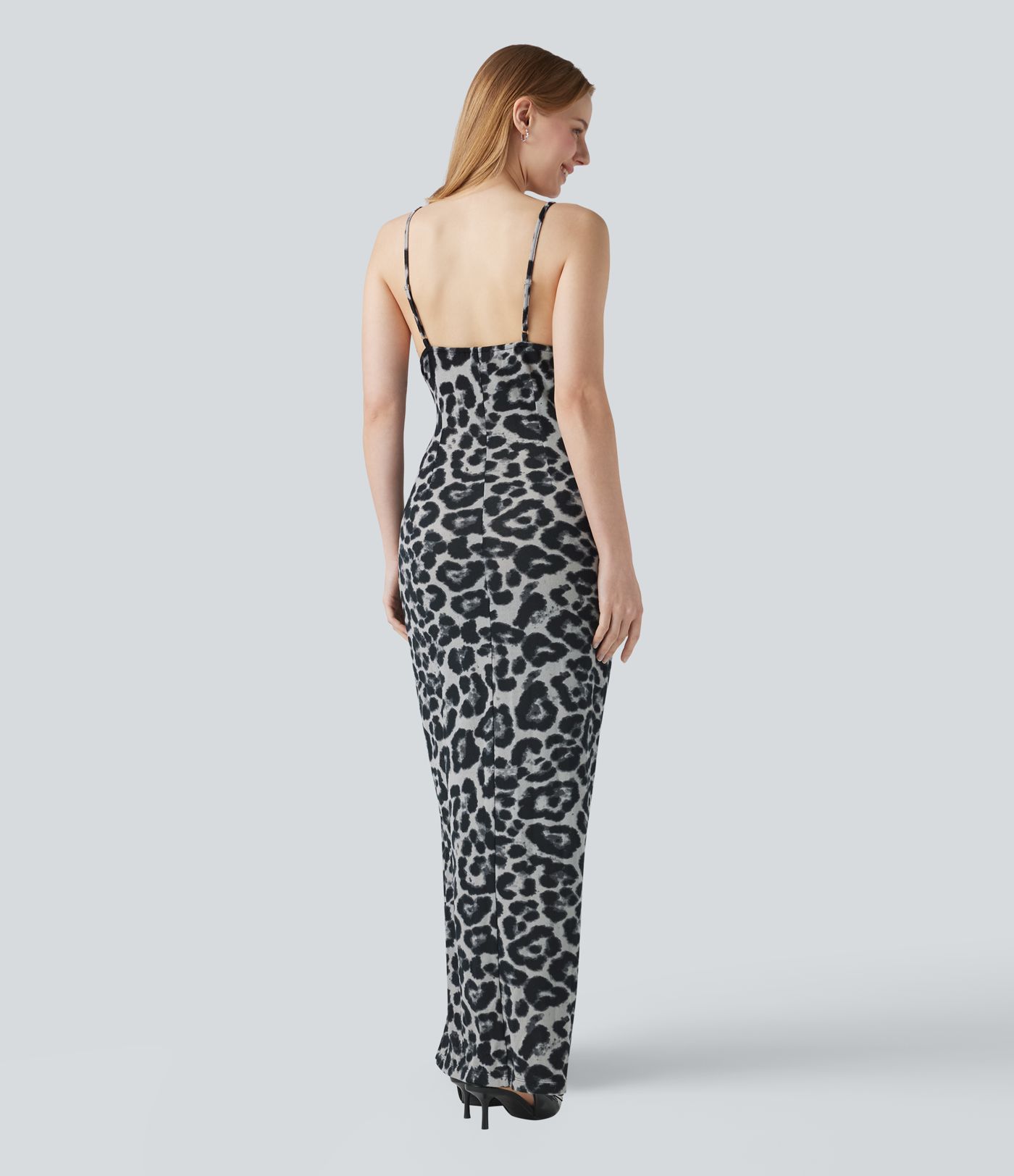 Robe nuisette de soirée maxi col V avec fente imprimé léopard