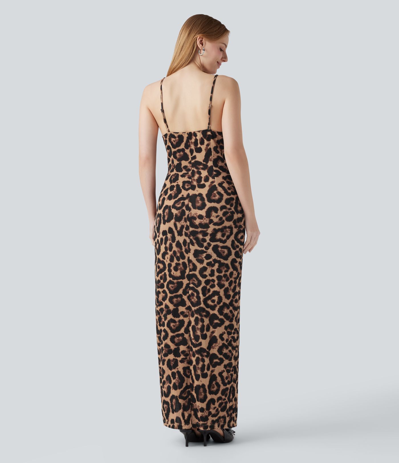 Vestido lencero maxi de fiesta con escote en V, abertura y estampado de leopardo