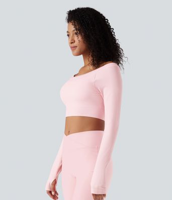 Seamless Flow Off-shoulder Long Sleeve Thumb Holes Cropped Yoga Sports Top