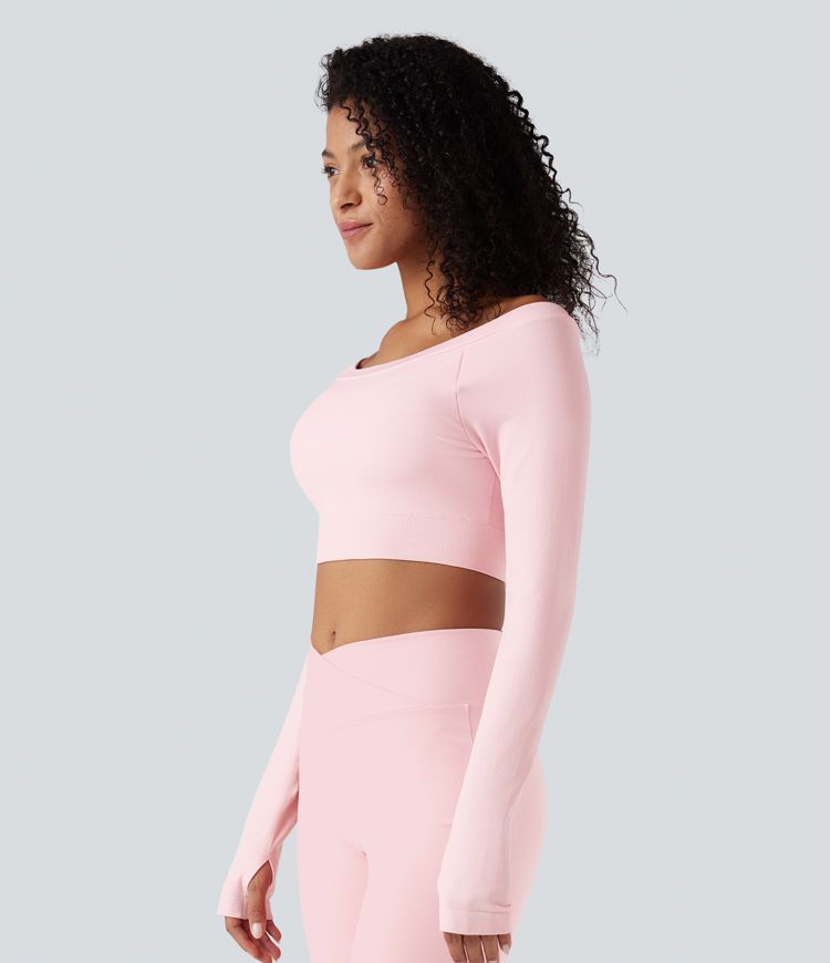Seamless Flow Off-shoulder Long Sleeve Thumb Holes Cropped Yoga Sports Top