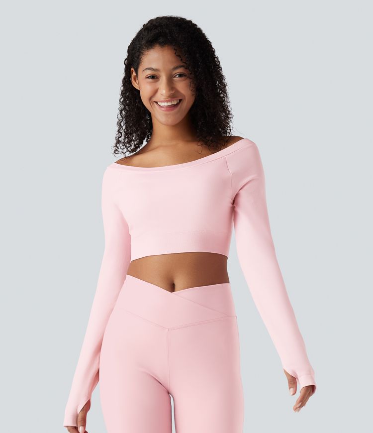 Seamless Flow Off-shoulder Long Sleeve Thumb Holes Cropped Yoga Sports Top