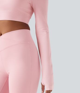 Seamless Flow Off-shoulder Long Sleeve Thumb Holes Cropped Yoga Sports Top