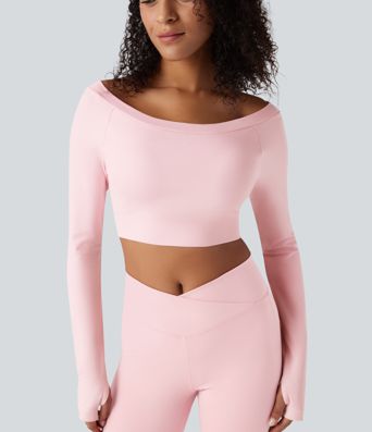 Seamless Flow Off-shoulder Long Sleeve Thumb Holes Cropped Yoga Sports Top