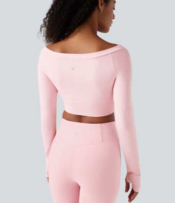 Seamless Flow Off-shoulder Long Sleeve Thumb Holes Cropped Yoga Sports Top