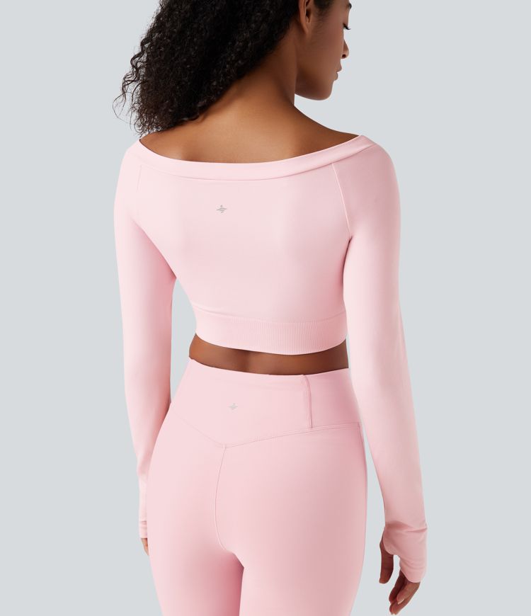 Seamless Flow Off-shoulder Long Sleeve Thumb Holes Cropped Yoga Sports Top