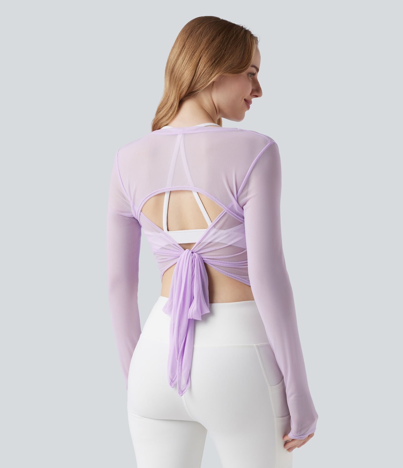 Long Sleeve Thumb Holes Crossover Tie Back Sheer Mesh Dance Sports Top