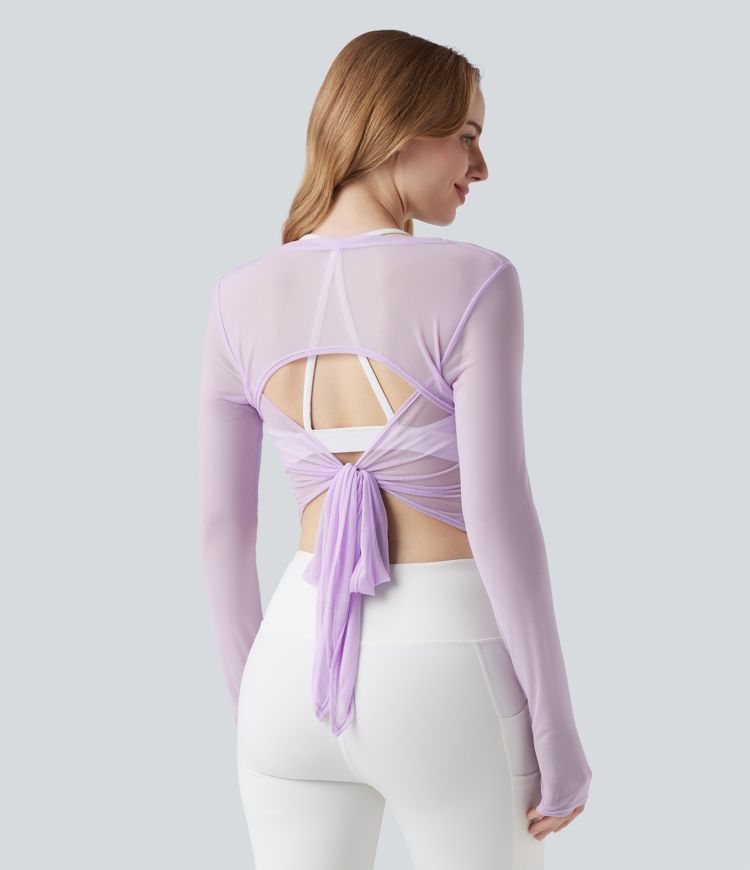 Long Sleeve Thumb Holes Crossover Tie Back Sheer Mesh Dance Sports Top