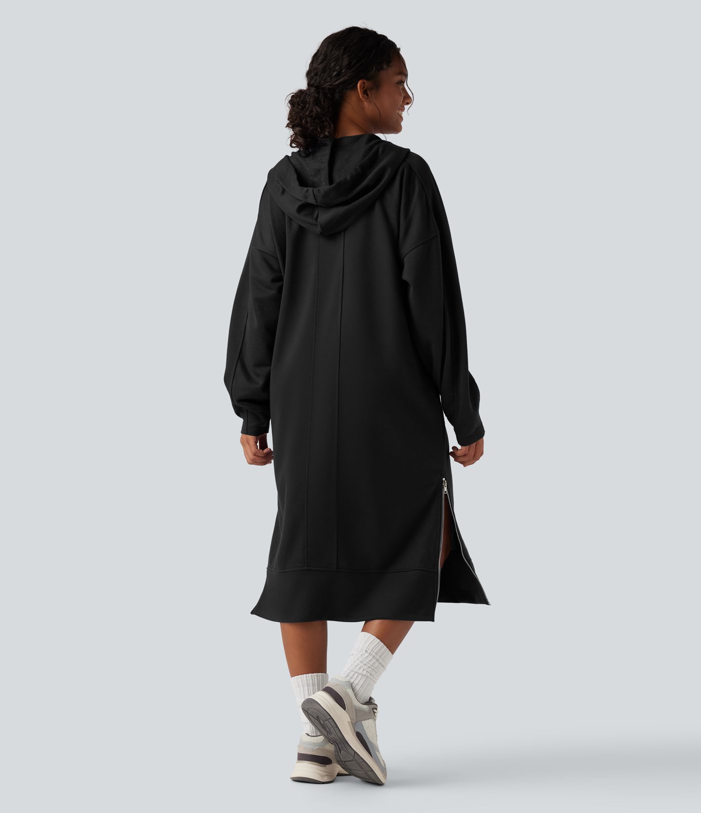 Hooded Drawstring Long Sleeve Zipper Hem Midi Casual Sweatshirt Dress with Pockets Hooded Drawstring Long Sleeve Zipper Hem Midi Casual Sweatshirt Dress with Pockets