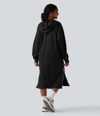 Hooded Drawstring Long Sleeve Zipper Hem Midi Casual Sweatshirt Dress with Pockets Hooded Drawstring Long Sleeve Zipper Hem Midi Casual Sweatshirt Dress with Pockets
